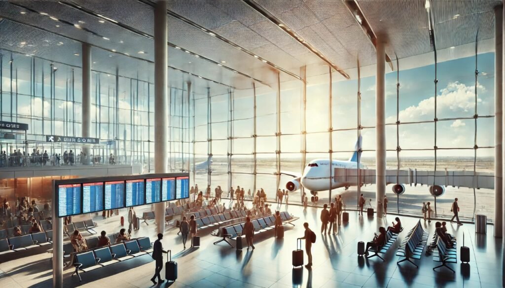 Passengers checking flight status at a modern airport with an airplane view.